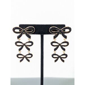 Black Enamel Triple Bow Dangle Earrings Long Gold Tone
